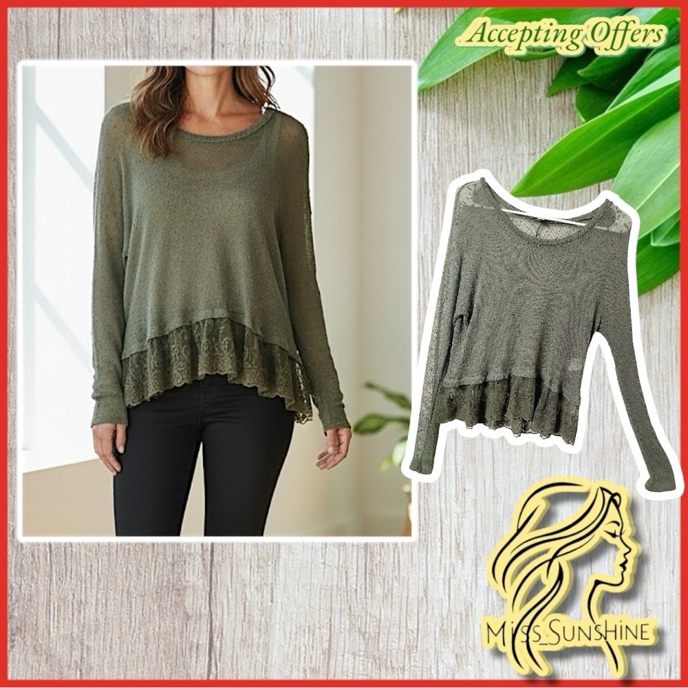 AEO - Sz S - olive green popcorn mesh lace long sleeve shirt